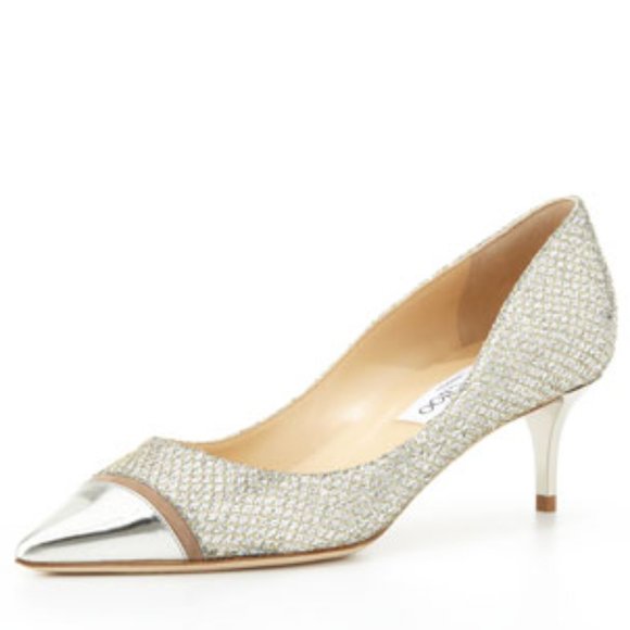 Jimmy Choo Silver Champagne Metallic Pointed Toe Kitten Heels Shoes 37.5 6.5 7 - Picture 10 of 15